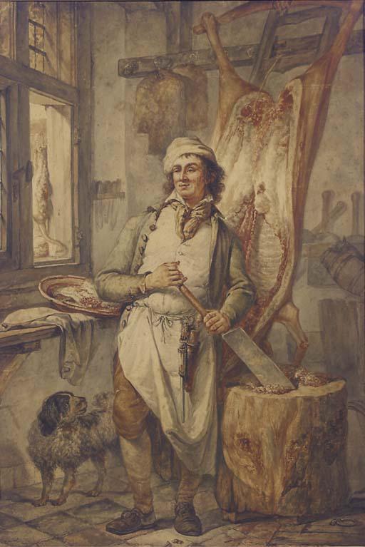 Abraham Van Strij - A butcher at his block, a side of beef to the right