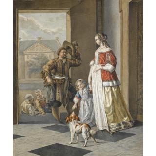 Abraham van Strij - A Fish-Monger Greeting An Elegant Lady And Her Child In The Entrance Hall Of A House