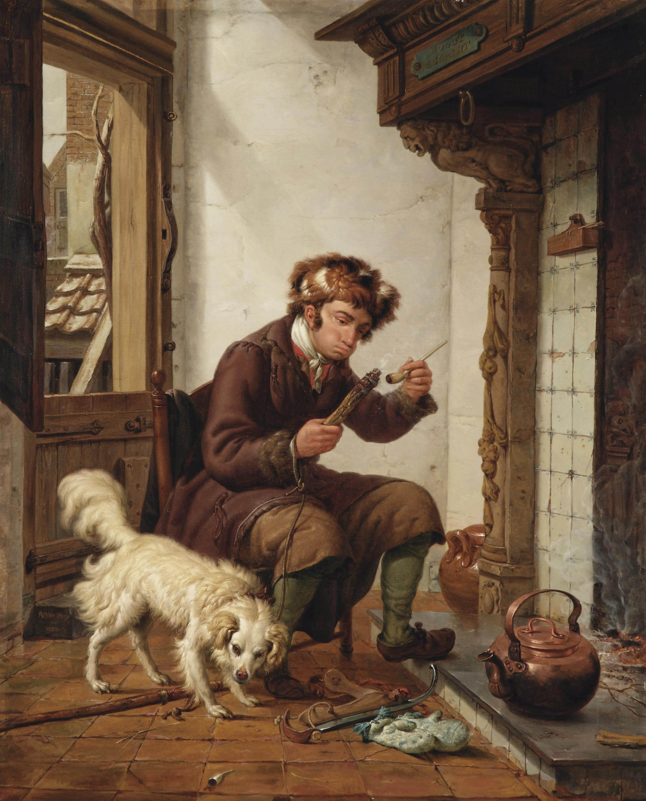 Abraham van Strij - A man smoking a pipe near the fireplace, a dog at his feet