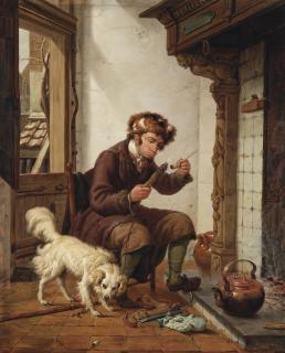 Abraham van Strij - A man smoking a pipe near the fireplace, a dog at his feet