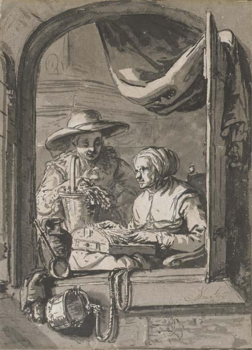 Abraham Van Strij - A Woman With A Basket Of Flowers And Another Making Lace, Seen Through An Open Window