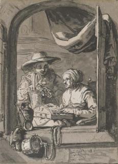 Abraham Van Strij - A Woman With A Basket Of Flowers And Another Making Lace, Seen Through An Open Window