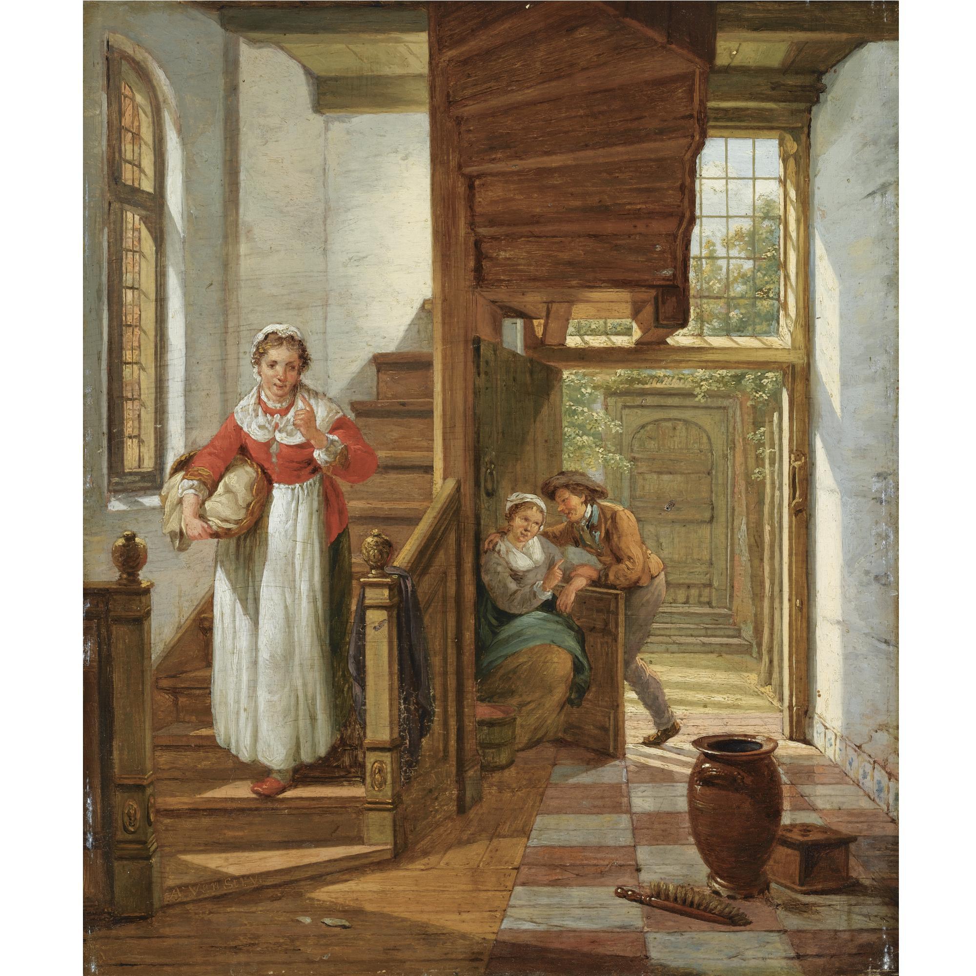 Abraham Van Strij - An Interior Scene With A Maid Eavesdropping On The Stairs On An Amorous Couple, A View Of A Courtyard Beyond
