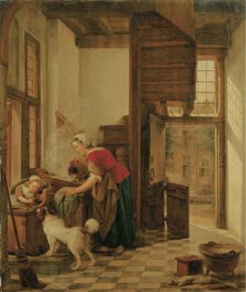 Abraham Van Strij - An interior with a child seated in a high chair teasing a dog, a servant washing by the window behind her