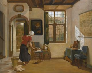 Abraham Van Strij - Interior With A Maid, A Girl With A Dog, And A Map Of Dordrecht