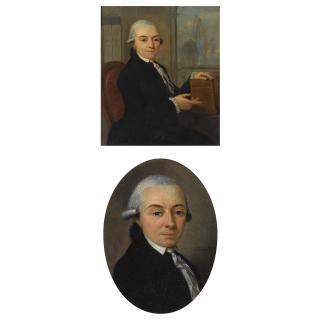 Abraham van Strij - Portrait Of Notary Caspar Jacob Van Citters (1754-1801) In His Study, Seated Three-Quarter Length, Holding A Book, A View Of Dutch Indiamen Beyond