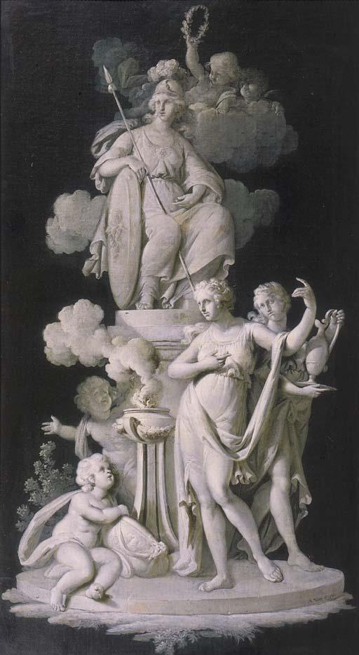 Abraham Van Strij - Putti and nymphs making an offering to Minerva - a chimney piece - en grisaille