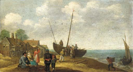 Abraham Willaerts - A coastal landscape with fish sellers by a beached boat, a village beyond
