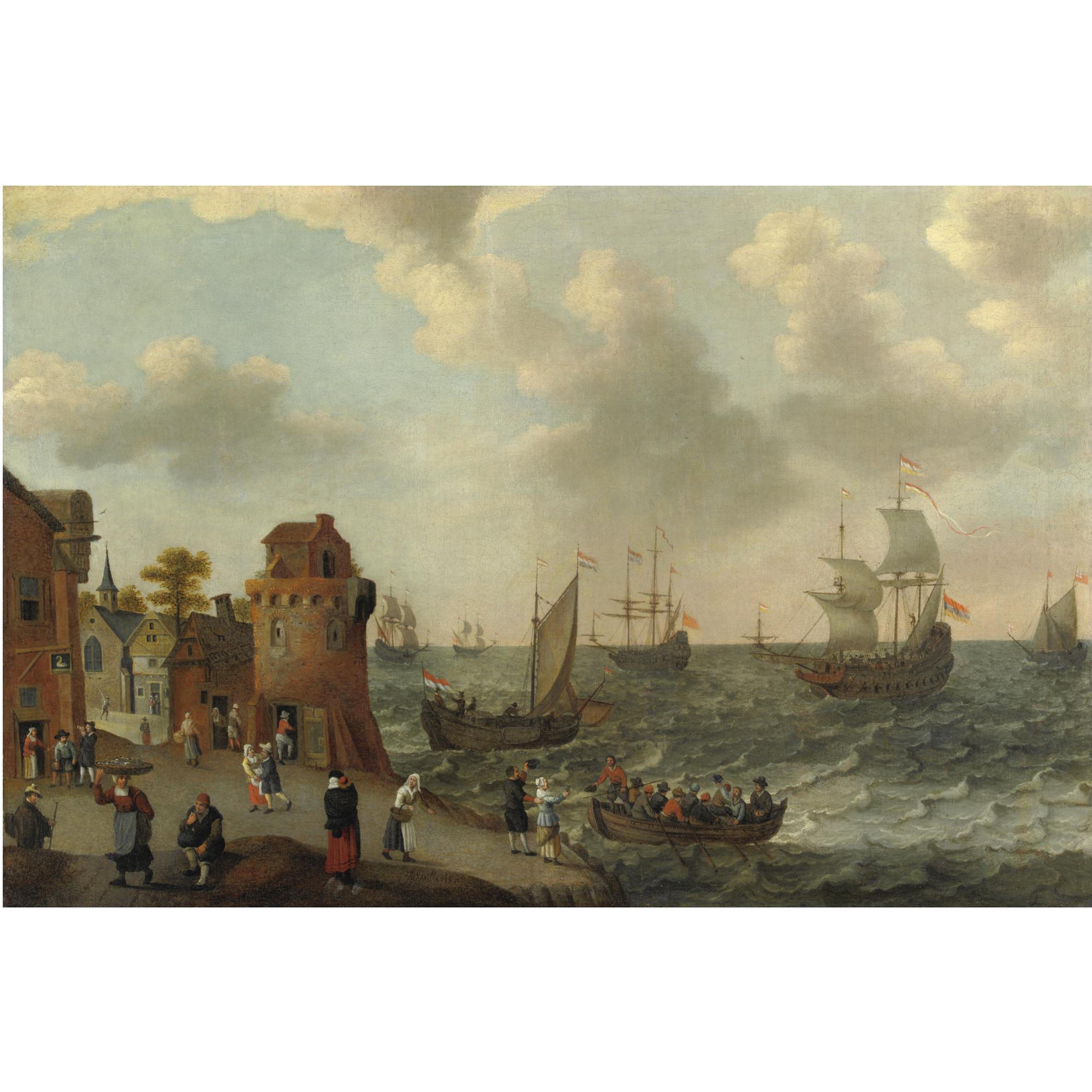 Abraham Willaerts - A Coastal Landscape With Numerous Figures On The Shore, A Dutch Fleet Setting Sail, And A Rowing Boat Approaching The Shore