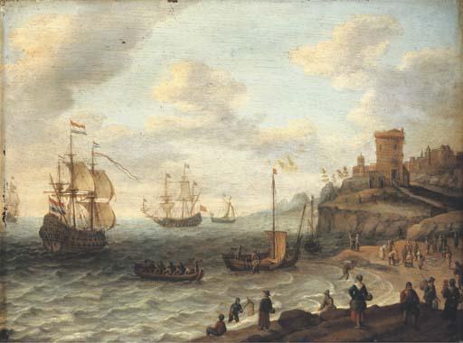 Abraham Willaerts - A coastal landscape with shipping and fishermen selling their catch, a fortified settlement on the cliffs beyond