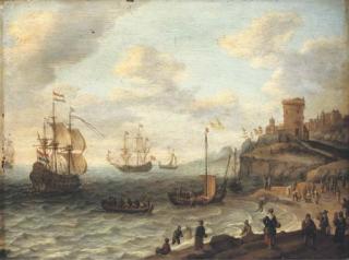 Abraham Willaerts - A coastal landscape with shipping and fishermen selling their catch, a fortified settlement on the cliffs beyond