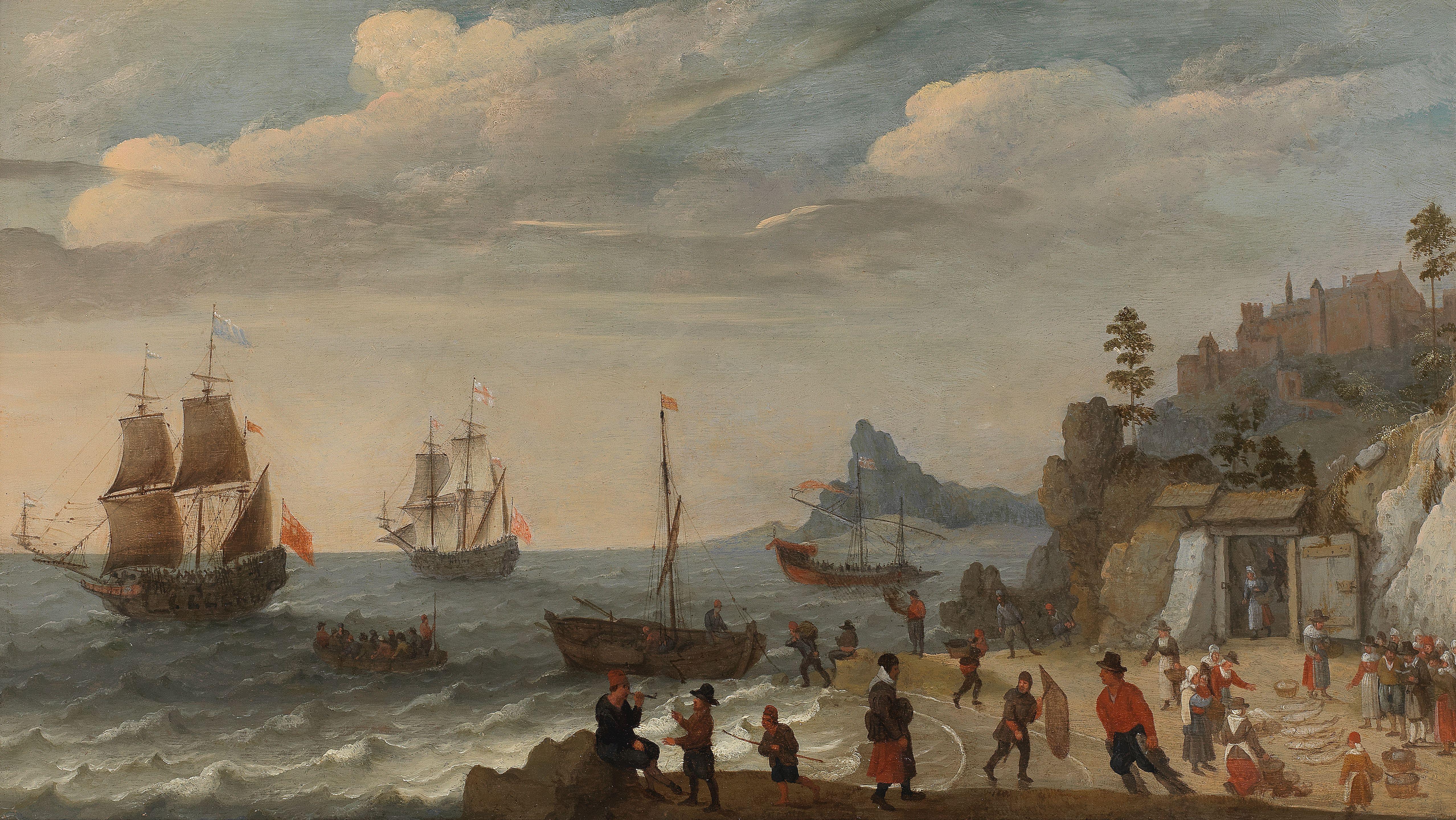 Abraham Willaerts - A coastal scene with shipping and fisherman selling their catch