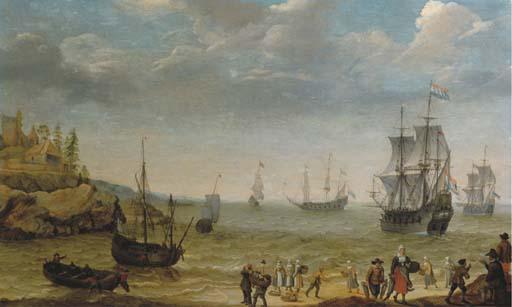 Abraham Willaerts - A Rocky Coastal Scene With Fisherfolk Bringing In Their Catch, A Man-Of-War And Other Shipping Offshore