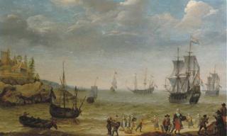 Abraham Willaerts - A Rocky Coastal Scene With Fisherfolk Bringing In Their Catch, A Man-Of-War And Other Shipping Offshore
