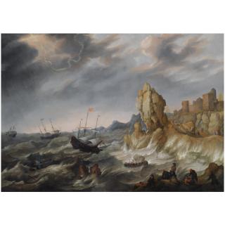 Abraham Willaerts - Shipping In A Heavy Storm Along A Rocky Coast, With Shipwrecked Figures Climbing On Shore In The Foreground, A View Of A Town Beyond