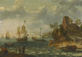 Abraham Willaerts - Ships Moored Off A Rocky Coastline With Fishermen Unloading Their Catch