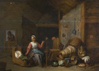Abraham Willemsens - Interior With A Mother Spinning Yarn By A Cradle