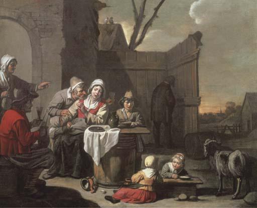 Abraham Willemsens - The courtyard of a country inn with peasants eating and drinking