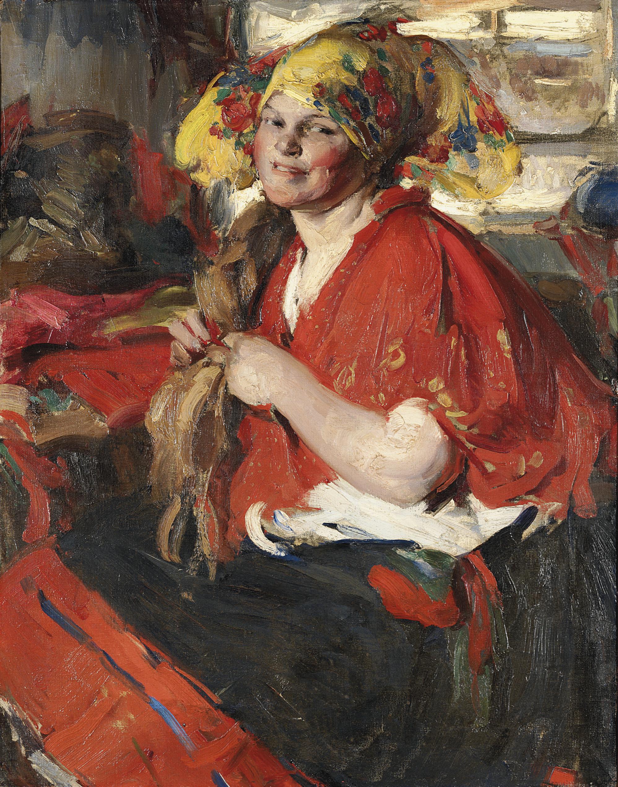 Abram Arkhipov - A peasant woman in a red shawl