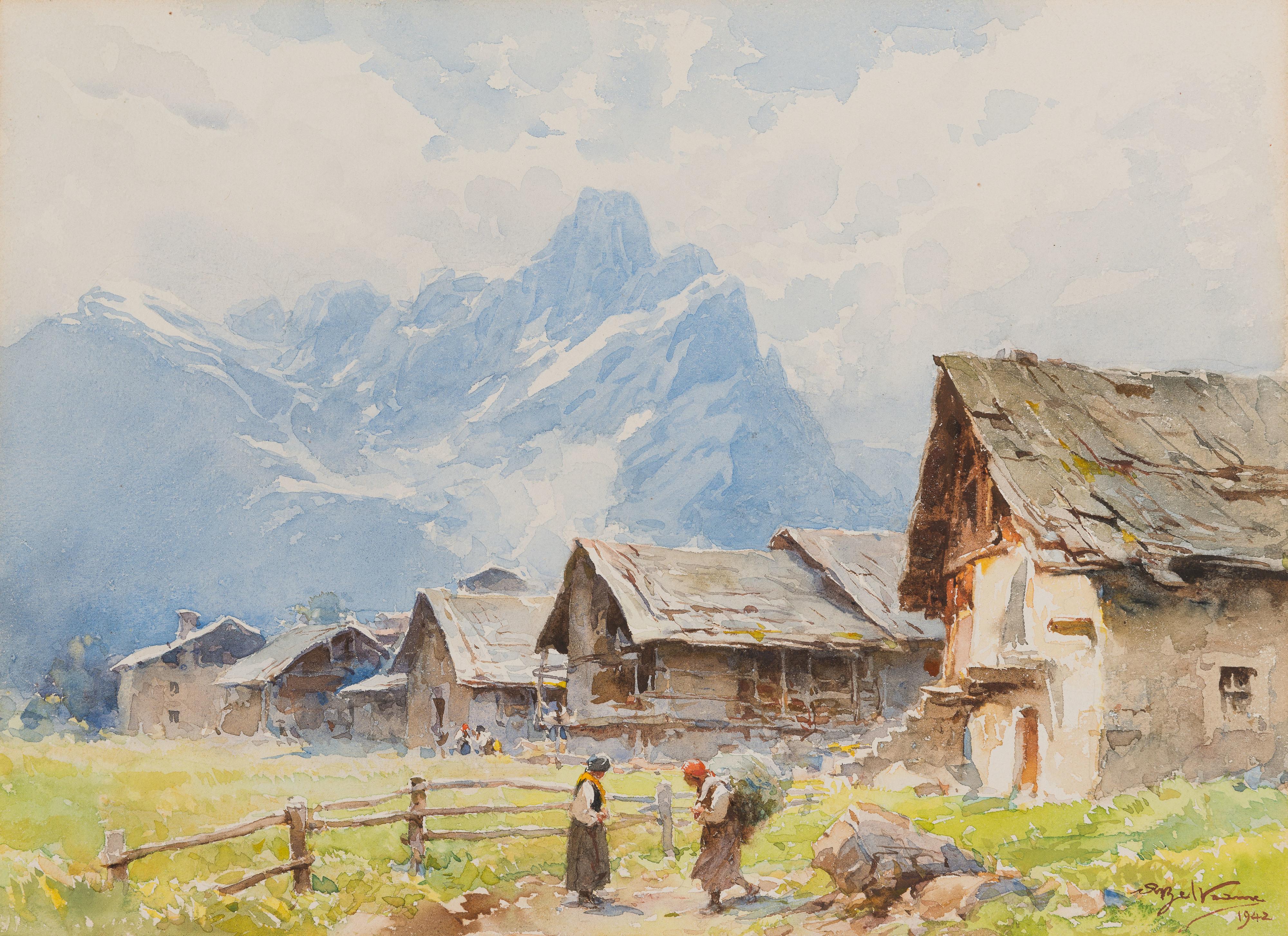 Achille Beltrame - Borgo di montagna con figure