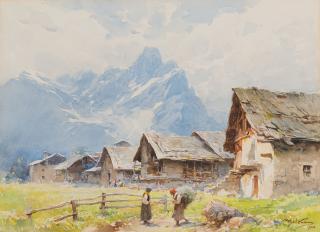 Achille Beltrame - Borgo di montagna con figure