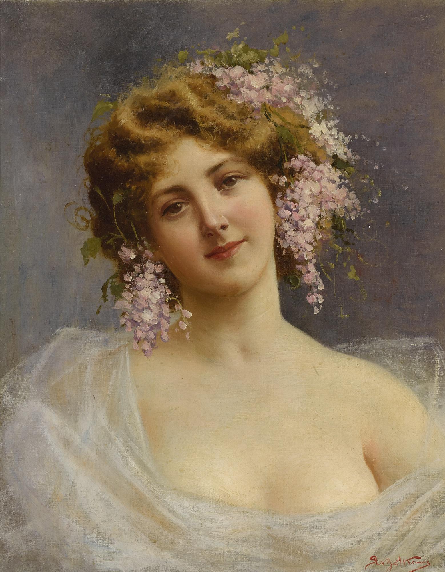 Achille Beltrame - Italian girl With Lilacs 
