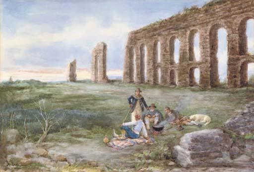 Achille Buzzi - A shepherd and his flock outside Rome, St Peter\'s behind; and Lunchtime by an ancient aqueduct (illustrated)