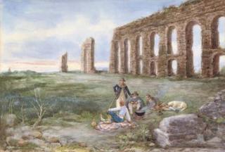Achille Buzzi - A shepherd and his flock outside Rome, St Peter\'s behind; and Lunchtime by an ancient aqueduct (illustrated)