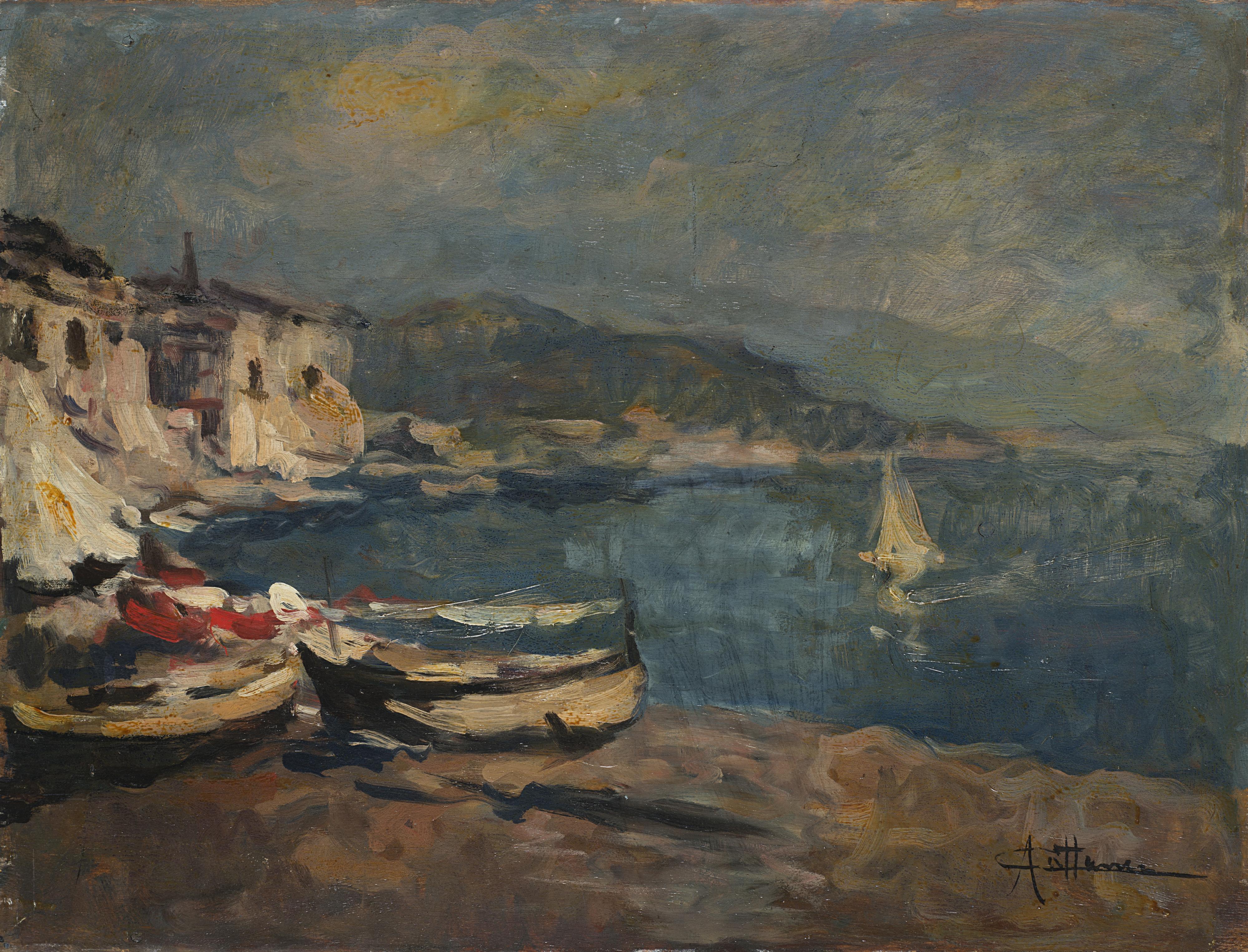 Achille Cattaneo - Scorcio di Pegli con barche in primo piano