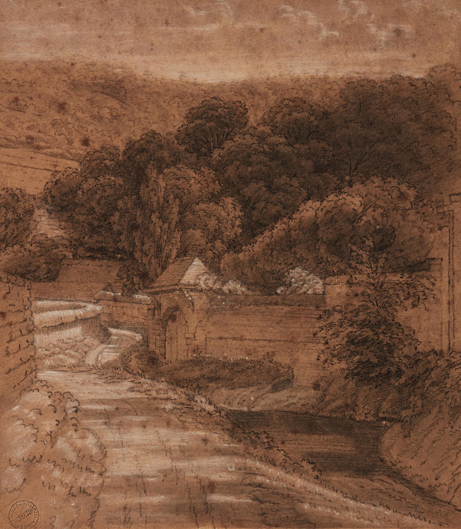 Achille Etna Michallon - A road between walls, with a forest behind