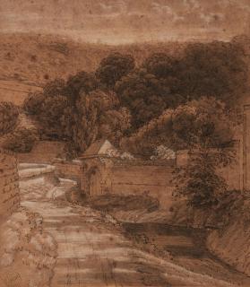 Achille Etna Michallon - A road between walls, with a forest behind