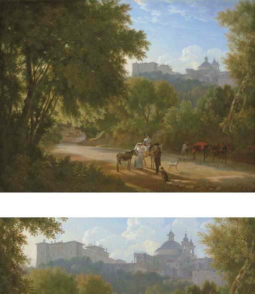 Achille Etna Michallon - A Valley In The Alban Hills With Travelers On A Road, A View of The Chigi Palace And Santa Maria Dell\'Assunta Beyond