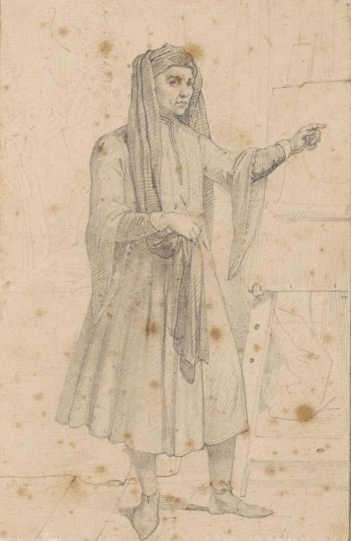 Achille-Jacques-Jean-Marie Devéria - Portrait de Fra Angelico Tenant Une Porte Crayon Devant Un Chevalet