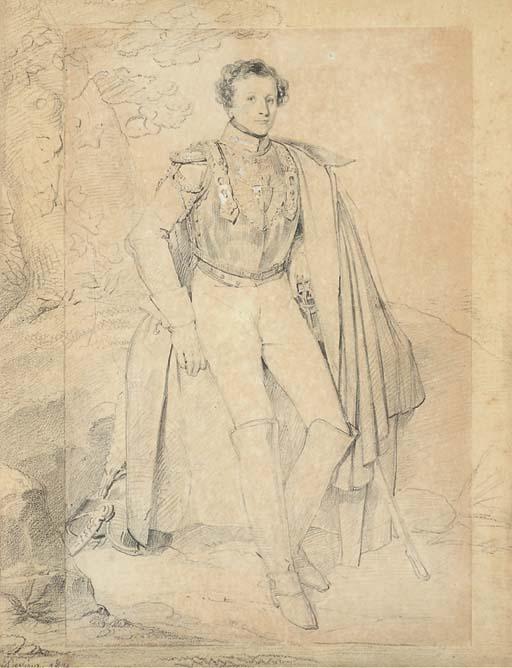 Achille-Jacques-Jean-Marie Devéria - Portrait d\'un Lieutenant des Cuirassiers de la Garde Royale portant un une cuirasse avec les armes de France et de Navarre en écu