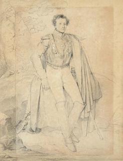 Achille-Jacques-Jean-Marie Devéria - Portrait d\'un Lieutenant des Cuirassiers de la Garde Royale portant un une cuirasse avec les armes de France et de Navarre en écu