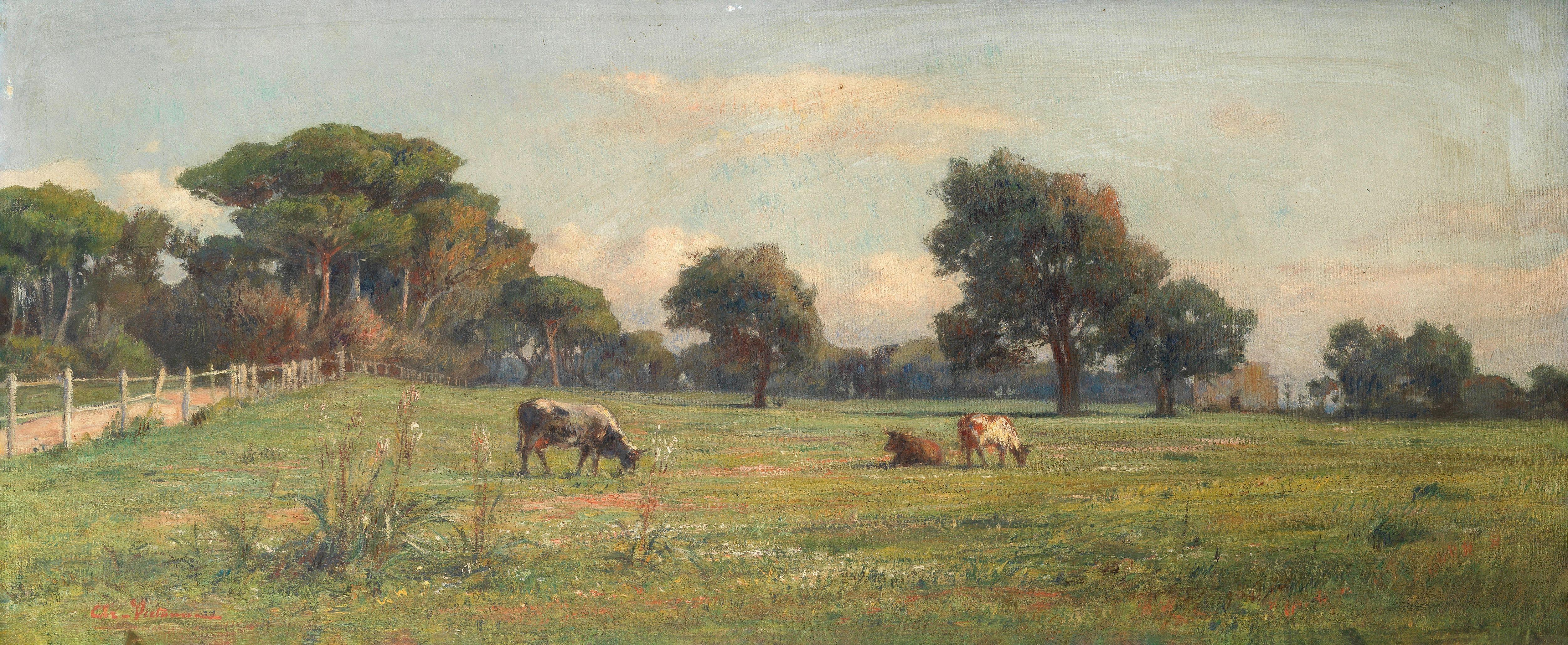 Achille Vertunni - Pastoral Landscape With Cattle Grazing