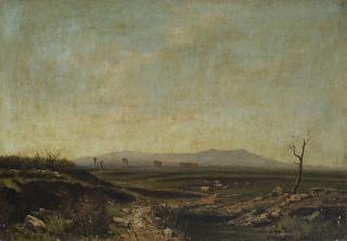 Achille Vertunni - Scorcio di campagna con mucche al pascolo e ruderi