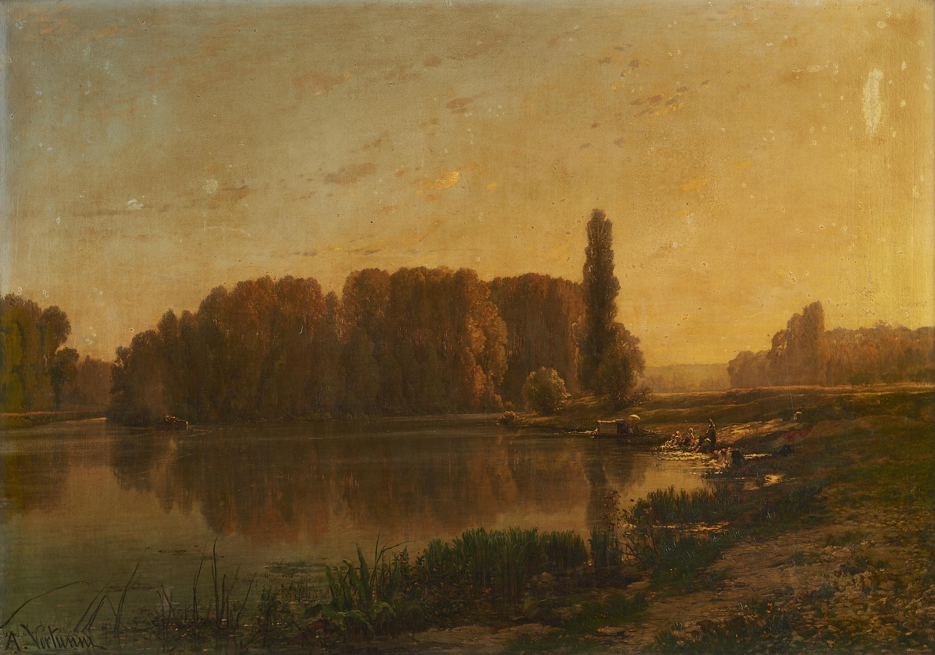 Achille Vertunni - Scorcio fluviale con lavandaie