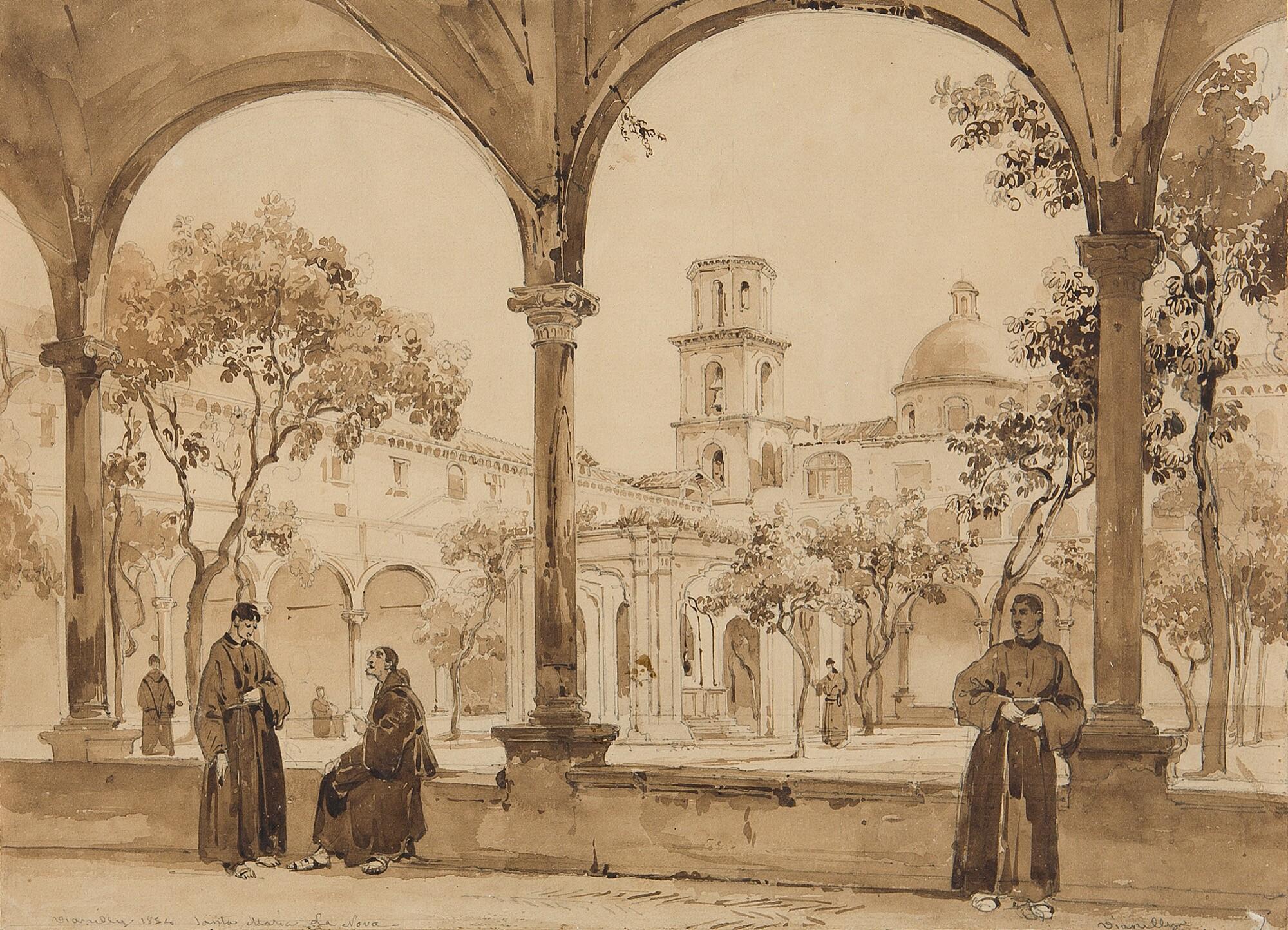 Achille Vianelli - Mönche im Kreuzgang von Santa Maria La Nova bei Neapel.