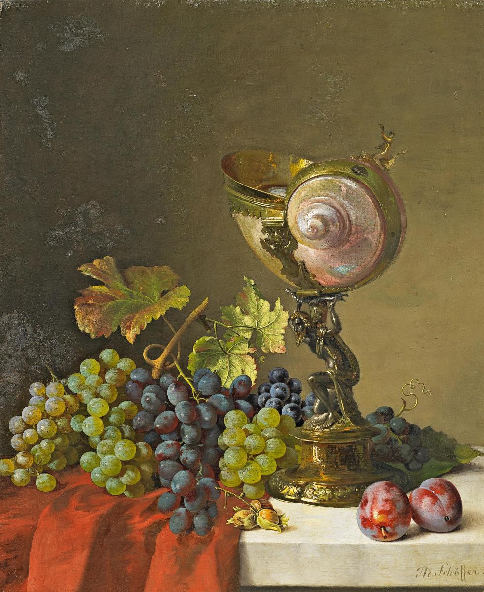 Adalbert Bela Schäffer - Stillleben mit Nautiluspokal und Weintrauben.