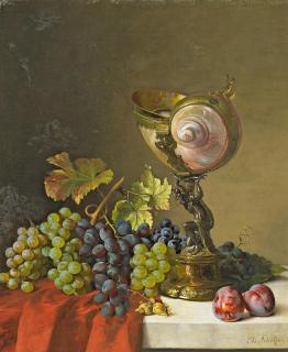 Adalbert Bela Schäffer - Stillleben mit Nautiluspokal und Weintrauben.