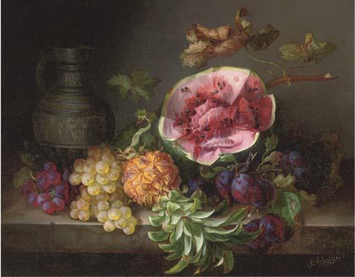 Adalbert Schäffer - A watermelon and other fruit by an ornamental ewer