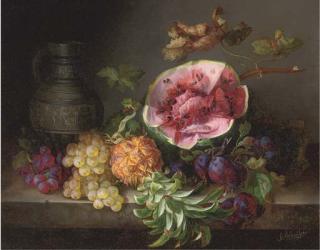 Adalbert Schäffer - A watermelon and other fruit by an ornamental ewer