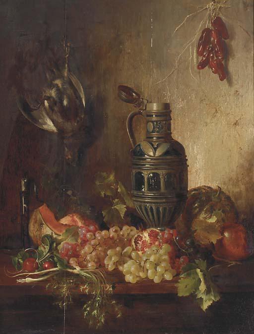 Adalbert Schäffer - Grapes, pomegranate, a melon and a stein on a ledge with other fruit