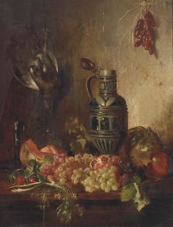 Adalbert Schäffer - Grapes, pomegranate, a melon and a stein on a ledge with other fruit