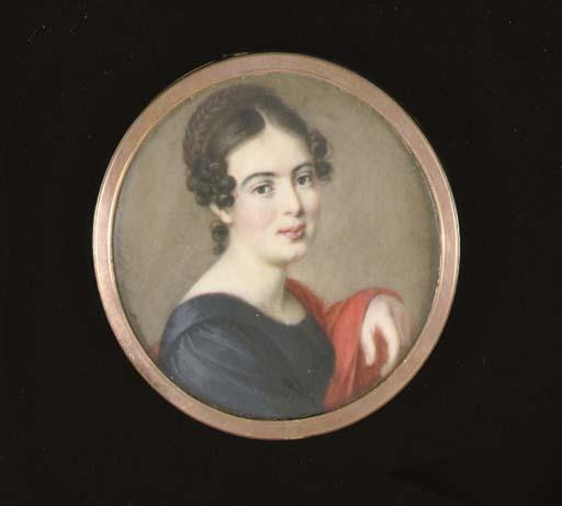 Adalbert Suchy - A young lady in black dress, a scarlet stole over her arm, her black hair dressed in plaits and curls