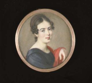 Adalbert Suchy - A young lady in black dress, a scarlet stole over her arm, her black hair dressed in plaits and curls