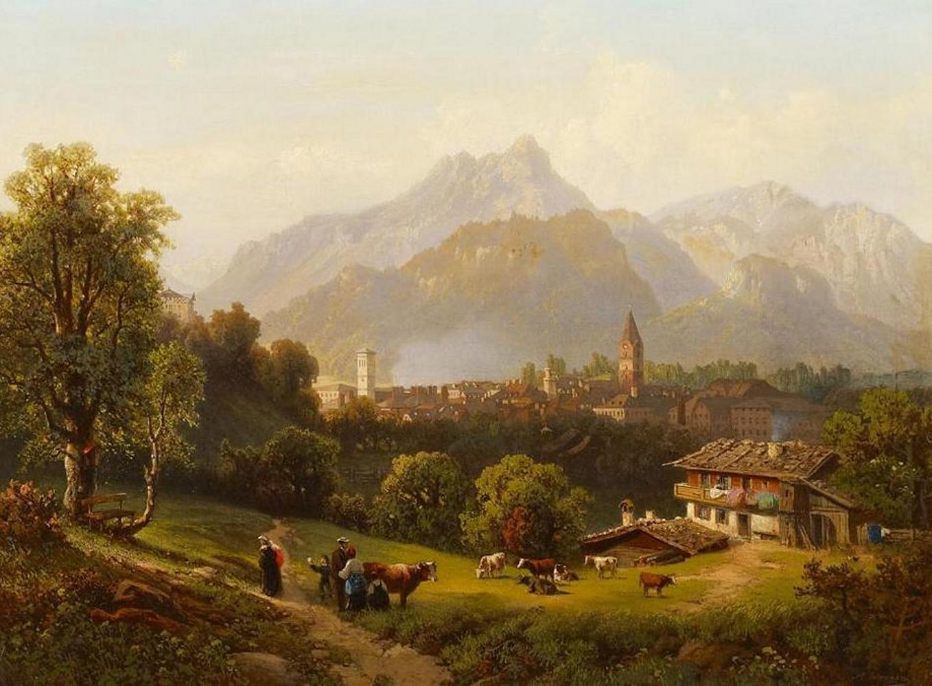 Adalbert Waagen - Abendstimmung bei einem Städtchen in den Alpen (Berchtesgaden?)