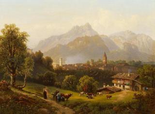 Adalbert Waagen - Abendstimmung bei einem Städtchen in den Alpen (Berchtesgaden?)