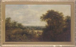 Adam Barland - Children sitting on a country stile, a village beyond